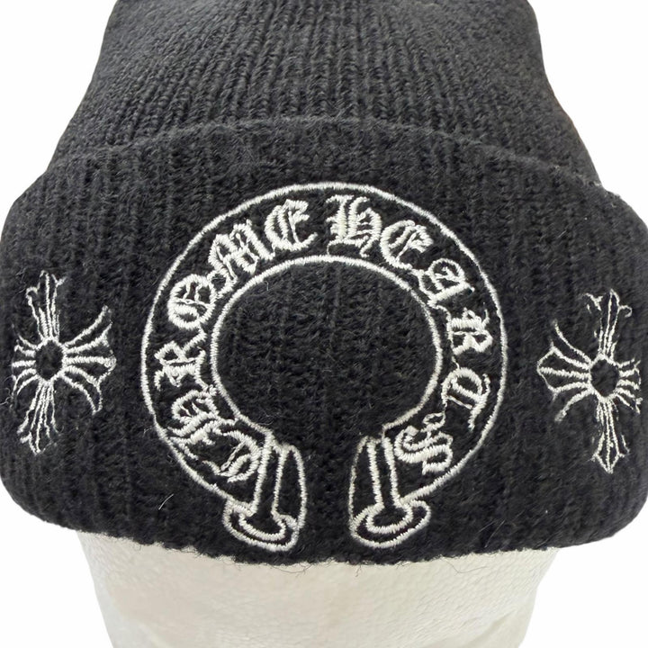 Great CHROME HEARTS Knit cap Horseshoe CH Plus Embroidery Beanie black wool mens