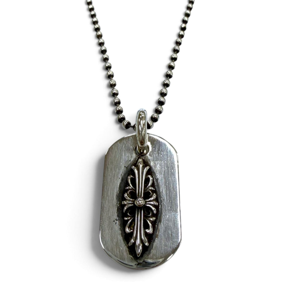 Great CHROME HEARTS Necklace RAISED DOGTAG Floral Cross Ball chain Silver 925