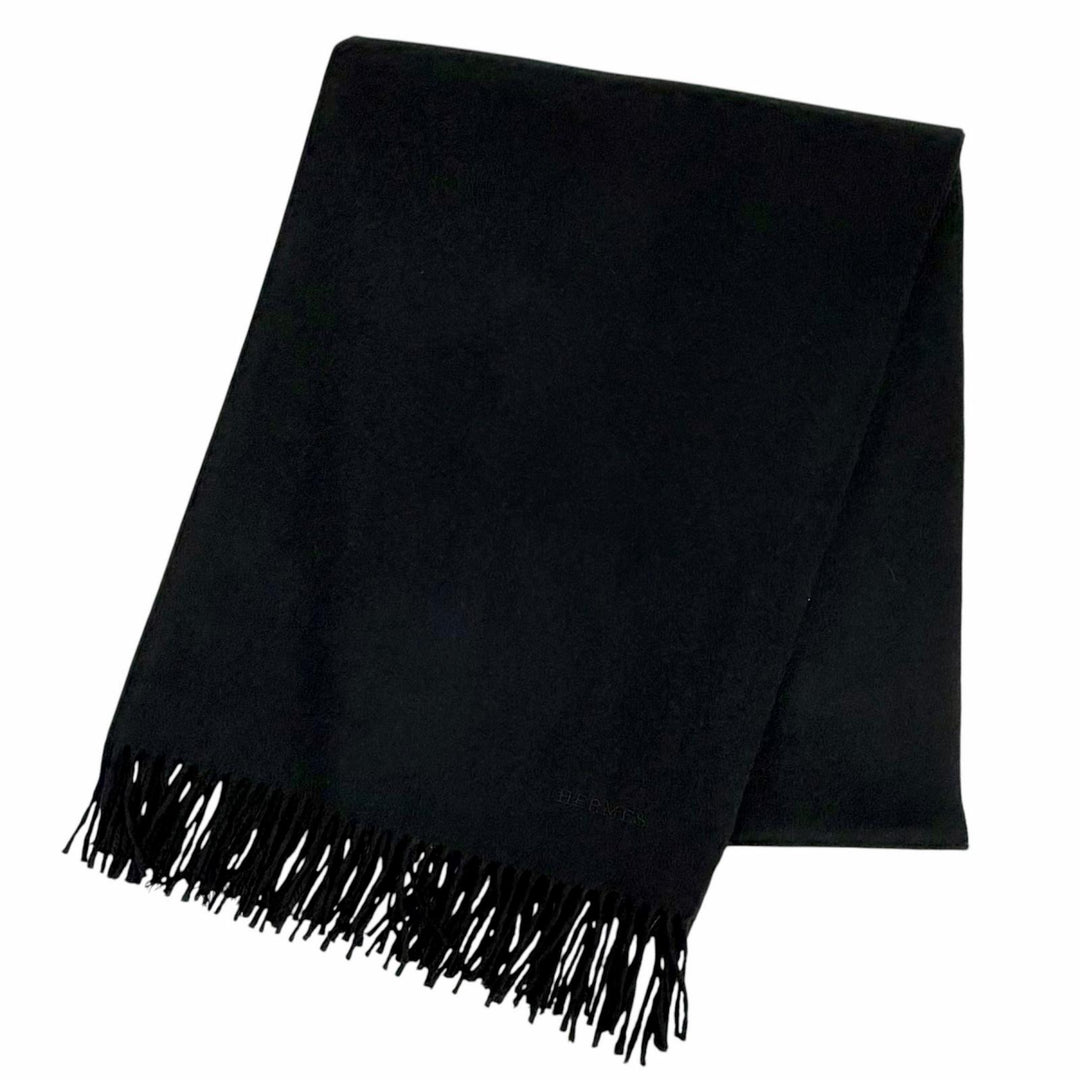 Great HERMES shawl Logo embroidered fringe scarf shawl stole black cashmere