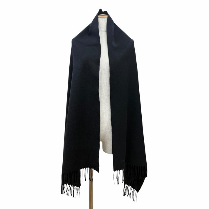Great HERMES shawl Logo embroidered fringe scarf shawl stole black cashmere