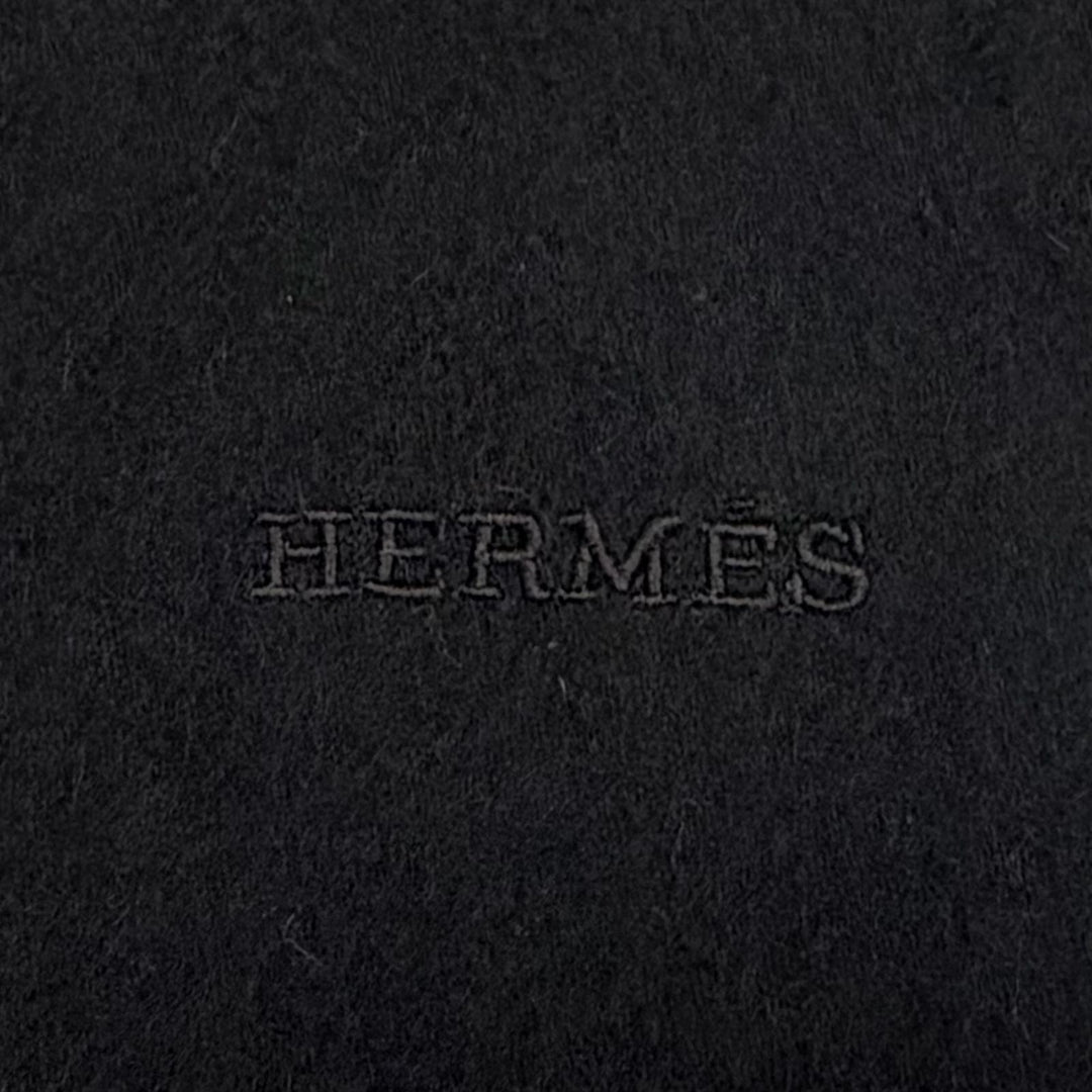 Great HERMES shawl Logo embroidered fringe scarf shawl stole black cashmere