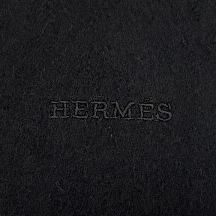 Great HERMES shawl Logo embroidered fringe scarf shawl stole black cashmere