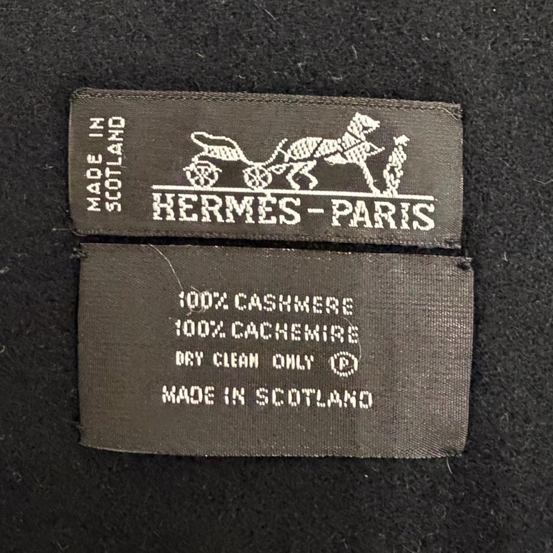 Great HERMES shawl Logo embroidered fringe scarf shawl stole black cashmere