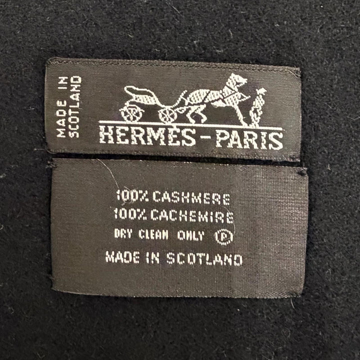 Great HERMES shawl Logo embroidered fringe scarf shawl stole black cashmere