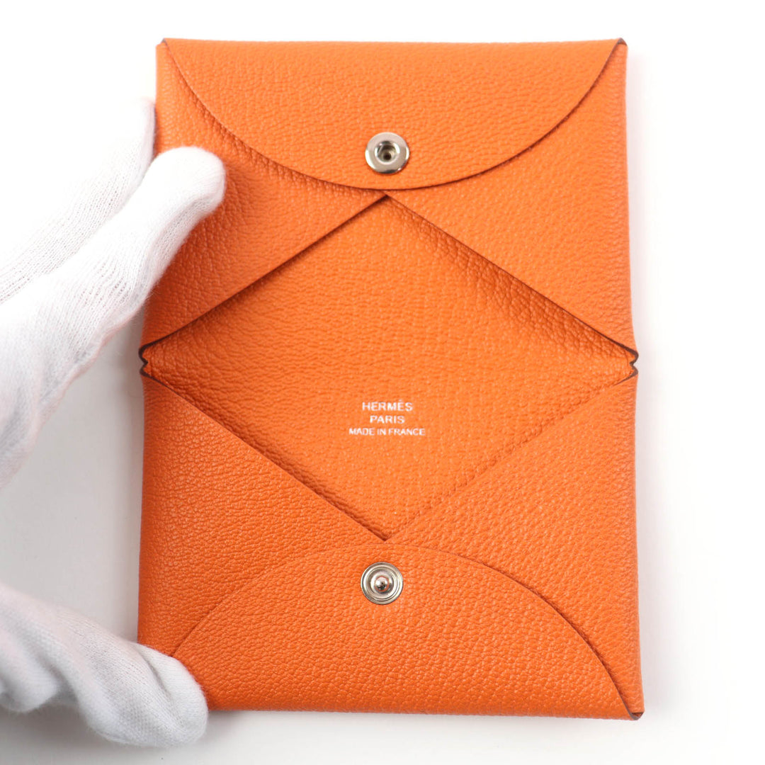 Pristine HERMES Card Case Calvi Pass Case Card Case Orange Shave Women