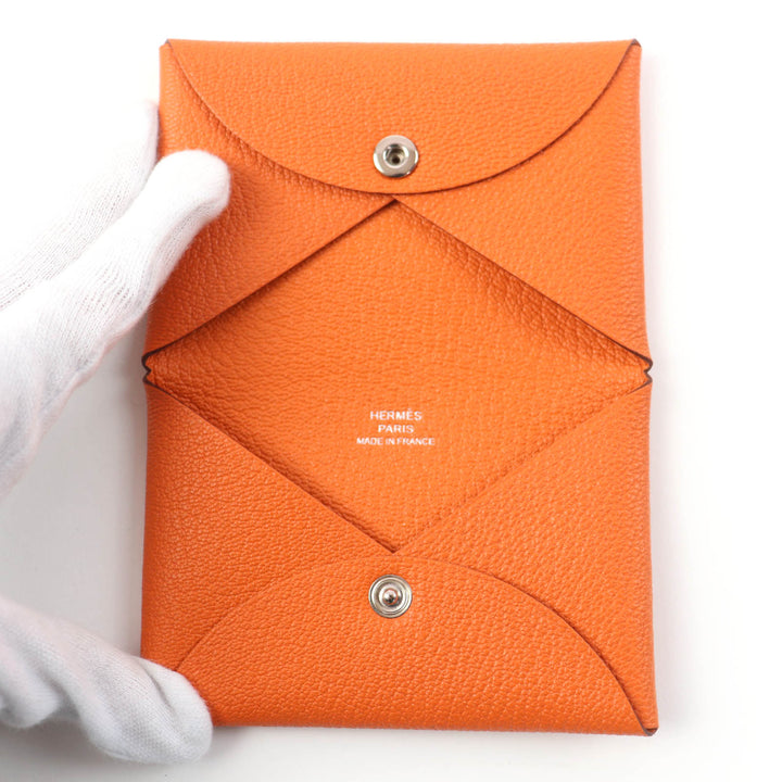 Pristine HERMES Card Case Calvi Pass Case Card Case Orange Shave Women