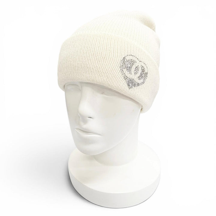 Great CHANEL Knit cap COCO Mark Heart Rhinestone Knit Hat white cashmere Women