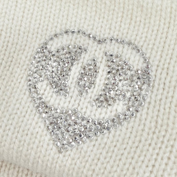 Great CHANEL Knit cap COCO Mark Heart Rhinestone Knit Hat white cashmere Women
