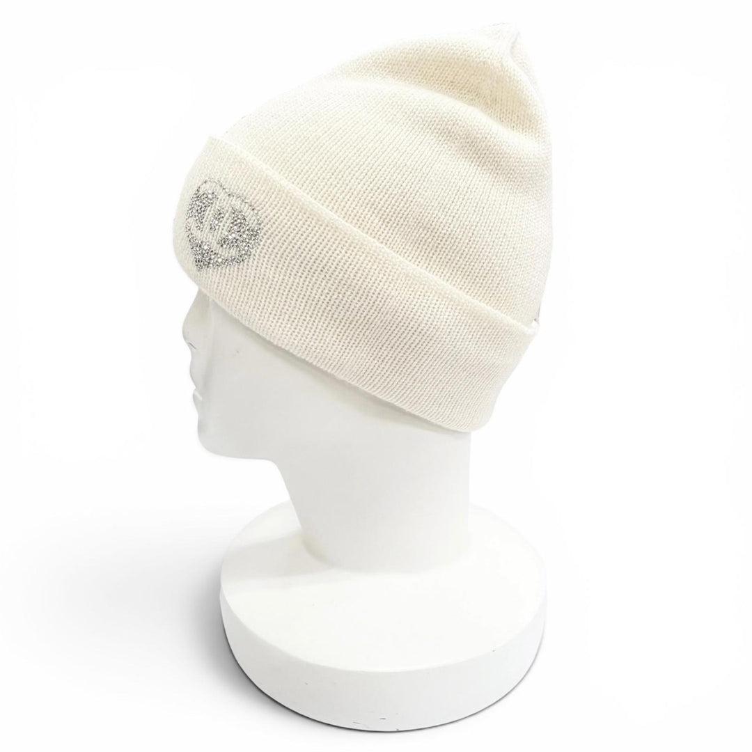 Great CHANEL Knit cap COCO Mark Heart Rhinestone Knit Hat white cashmere Women