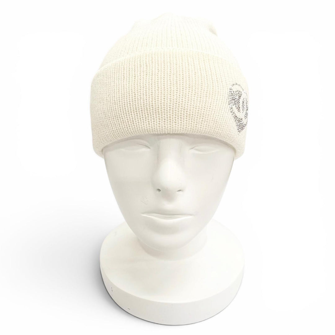 Great CHANEL Knit cap COCO Mark Heart Rhinestone Knit Hat white cashmere Women