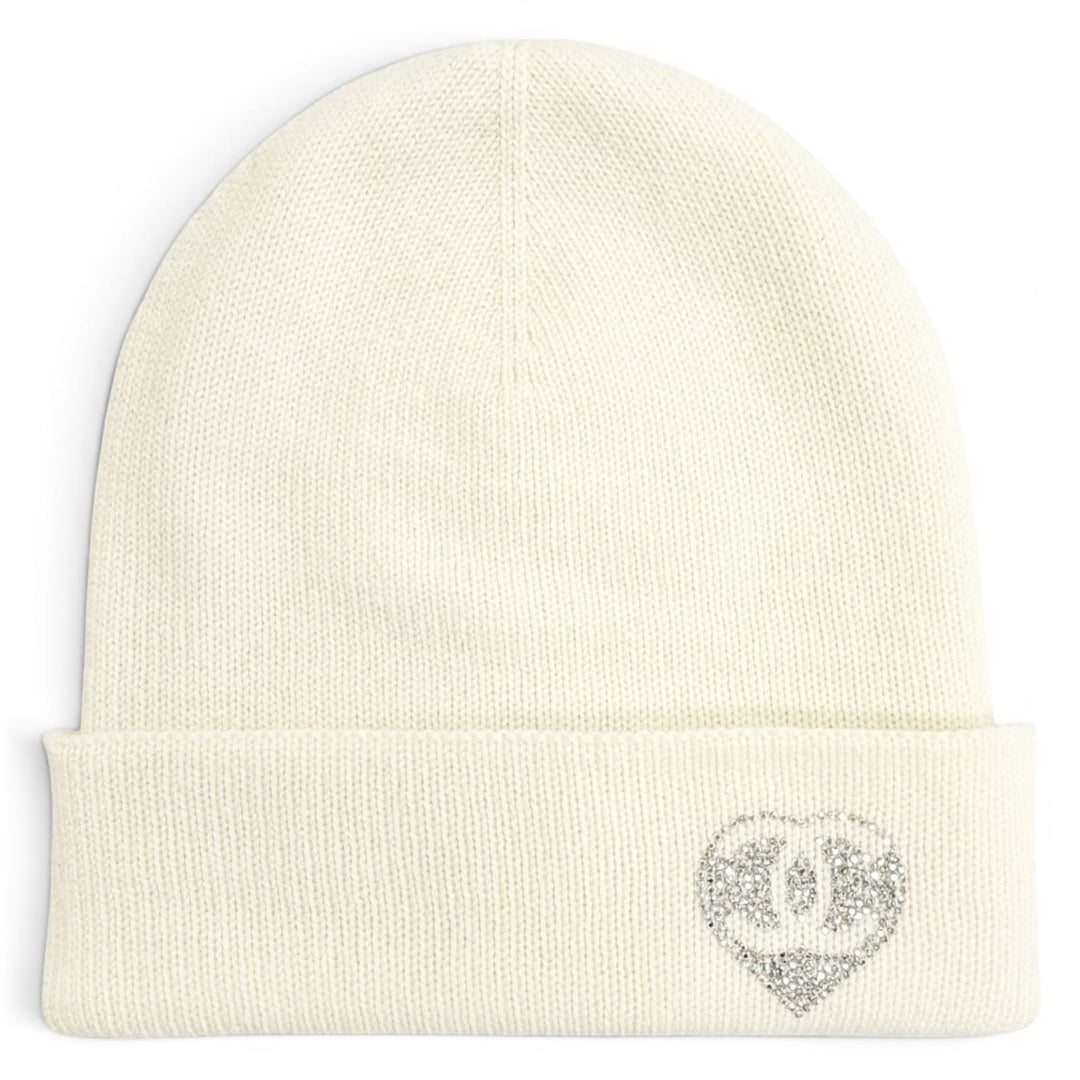 Great CHANEL Knit cap COCO Mark Heart Rhinestone Knit Hat white cashmere Women