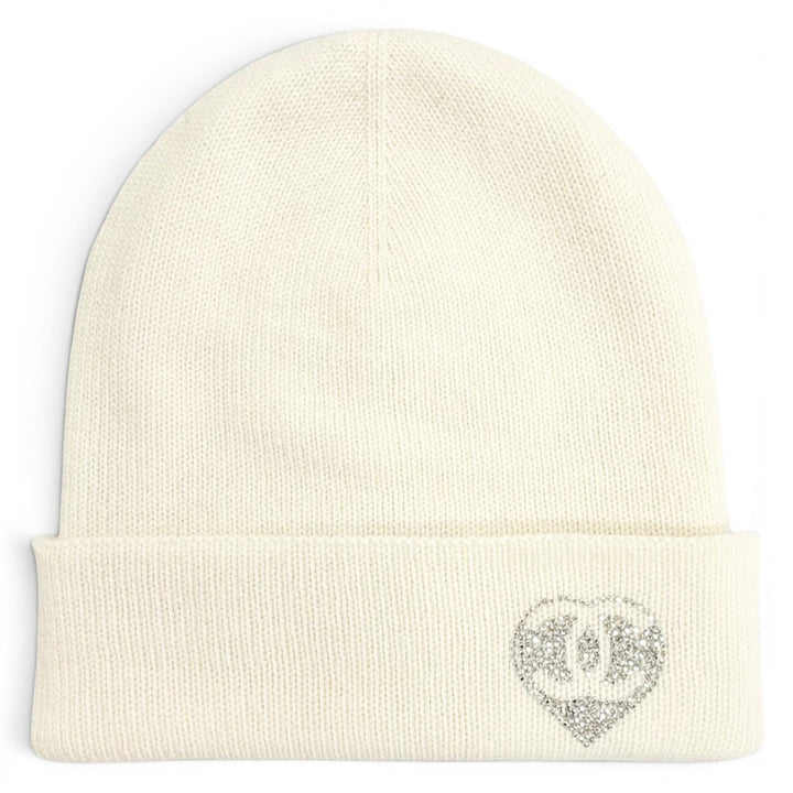 Great CHANEL Knit cap COCO Mark Heart Rhinestone Knit Hat white cashmere Women