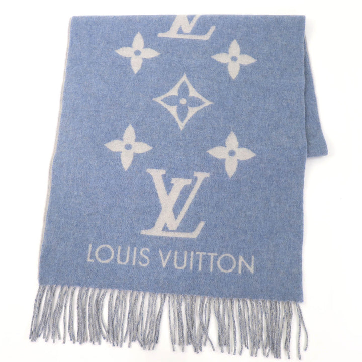 Excellent LOUIS VUITTON Scarf Escalp Reykjavik Monogram blue cashmere M75704