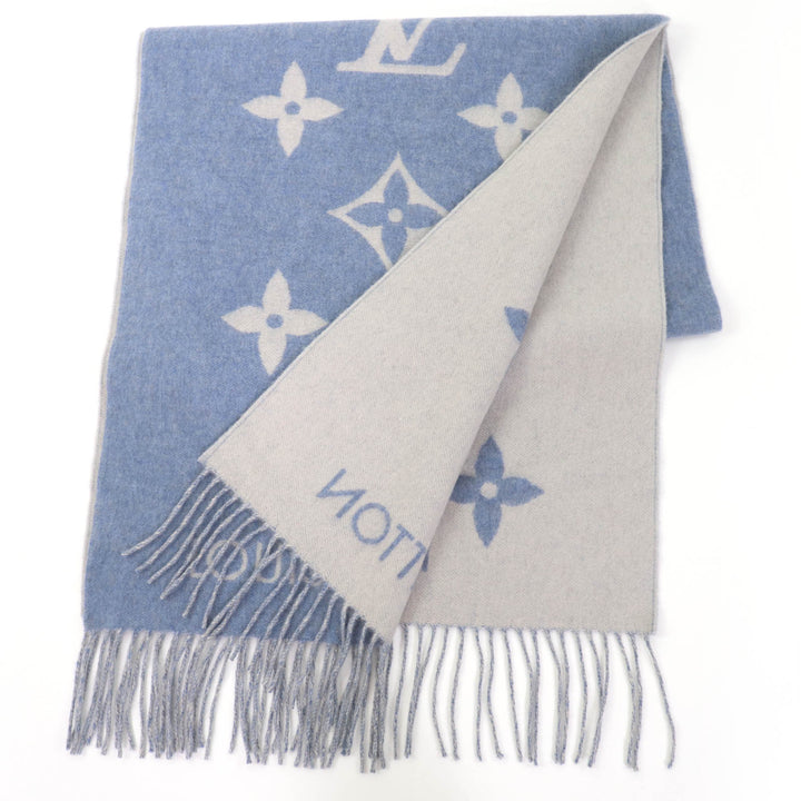 Excellent LOUIS VUITTON Scarf Escalp Reykjavik Monogram blue cashmere M75704