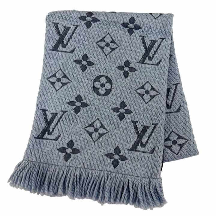 Great LOUIS VUITTON Scarf Escalp Logo Mania With fringe blue wool Women M75702