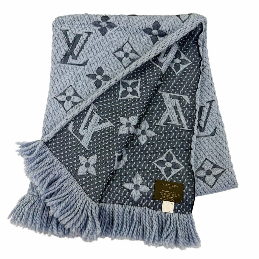 Great LOUIS VUITTON Scarf Escalp Logo Mania With fringe blue wool Women M75702