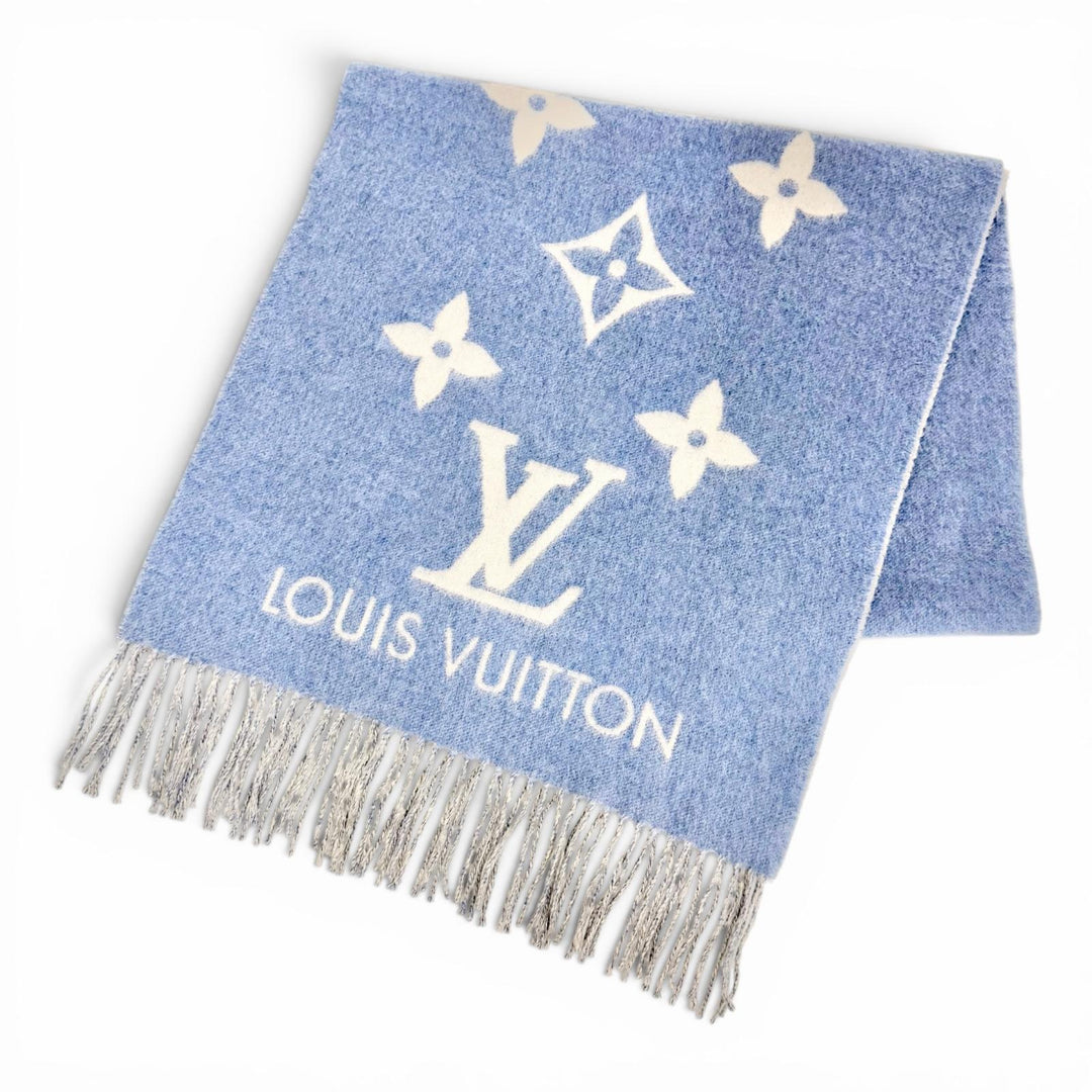 Great LOUIS VUITTON Scarf Escalp Reykjavik Monogram fringe blue cashmere M75704