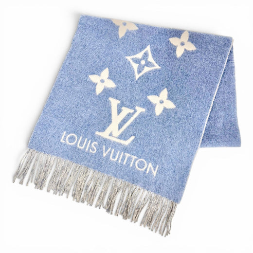 Great LOUIS VUITTON Scarf Escalp Reykjavik Monogram fringe blue cashmere M75704