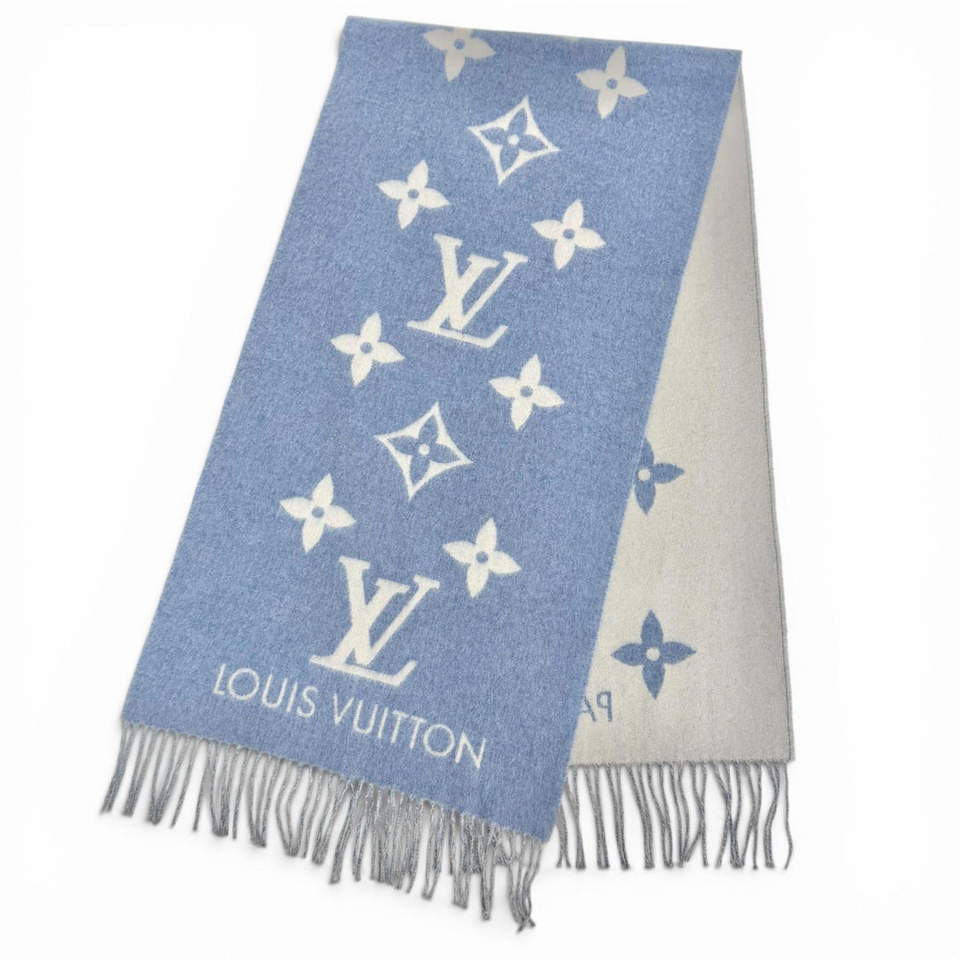 Great LOUIS VUITTON Scarf Escalp Reykjavik Monogram fringe blue cashmere M75704