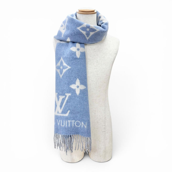 Great LOUIS VUITTON Scarf Escalp Reykjavik Monogram fringe blue cashmere M75704