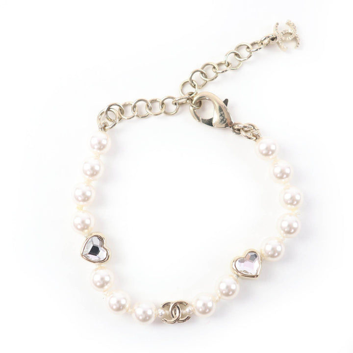 Excellent CHANEL bracelet COCO Mark Heart Rhinestone Faux Pearl gold B25B