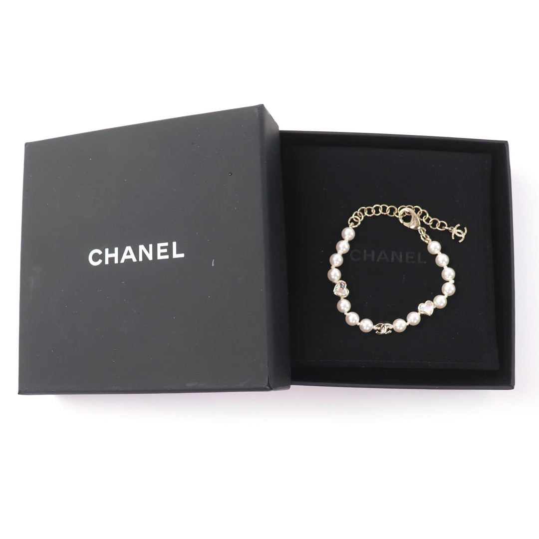 Excellent CHANEL bracelet COCO Mark Heart Rhinestone Faux Pearl gold B25B