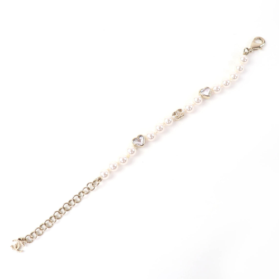 Excellent CHANEL bracelet COCO Mark Heart Rhinestone Faux Pearl gold B25B