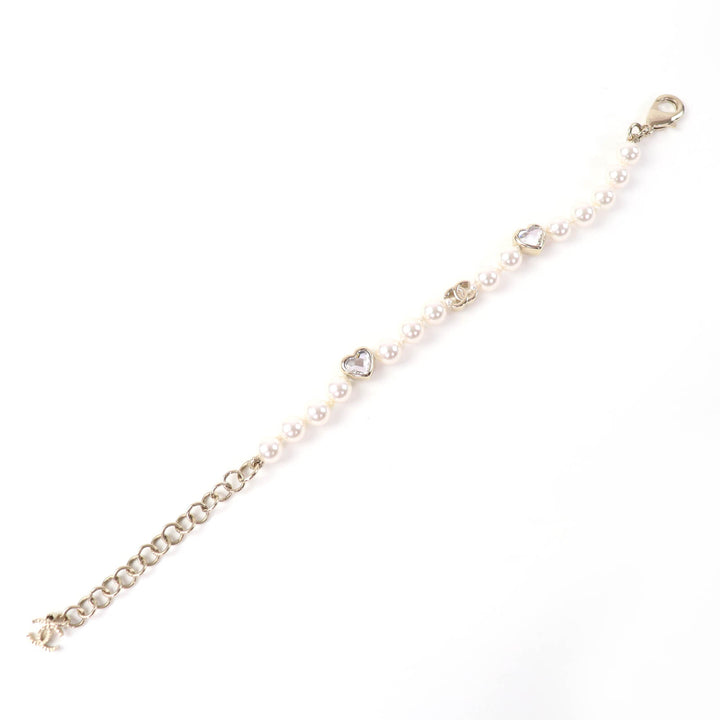 Excellent CHANEL bracelet COCO Mark Heart Rhinestone Faux Pearl gold B25B