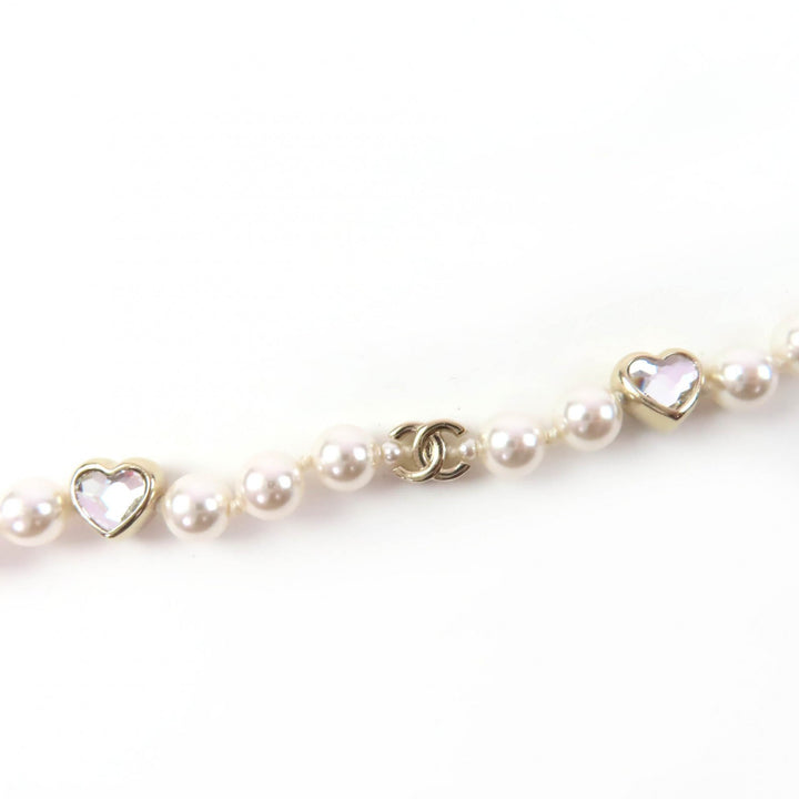 Excellent CHANEL bracelet COCO Mark Heart Rhinestone Faux Pearl gold B25B