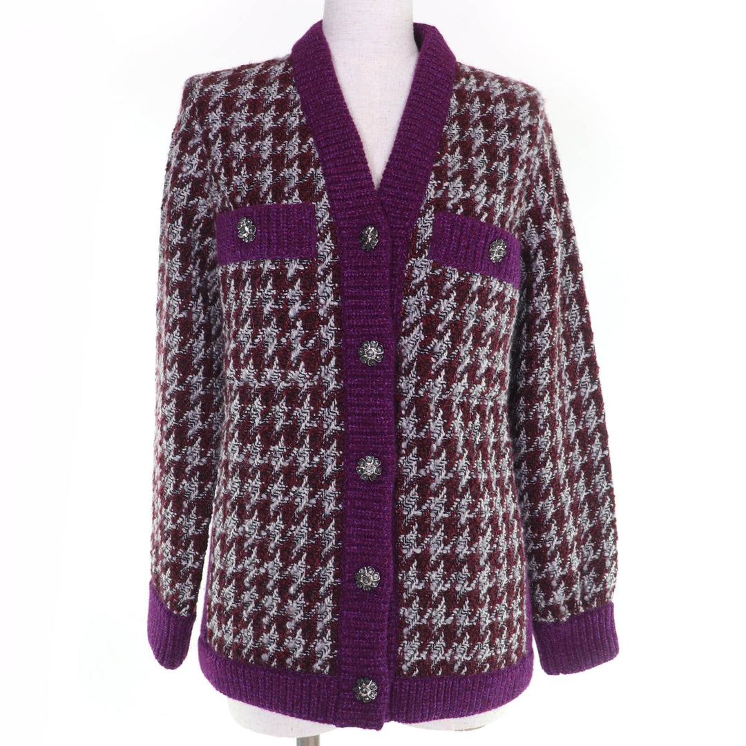 Excellent CHANEL cardigan Houndstooth long-sleeved knit cashmere 34 P76138