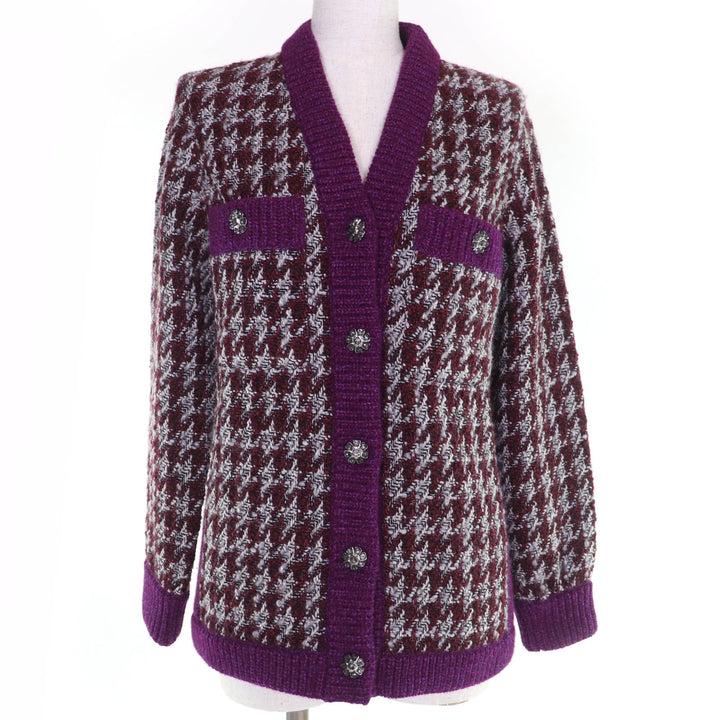Excellent CHANEL cardigan Houndstooth long-sleeved knit cashmere 34 P76138
