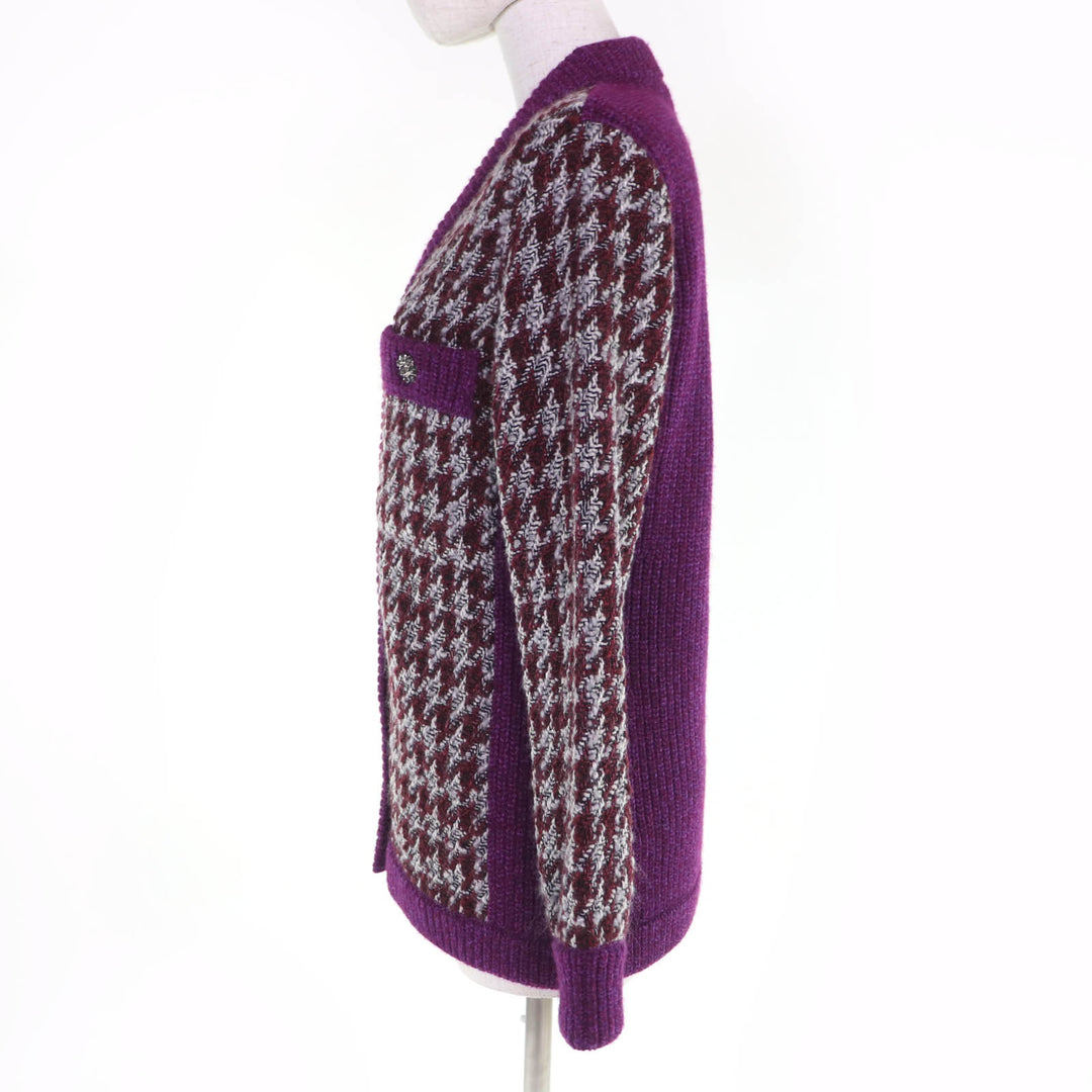 Excellent CHANEL cardigan Houndstooth long-sleeved knit cashmere 34 P76138