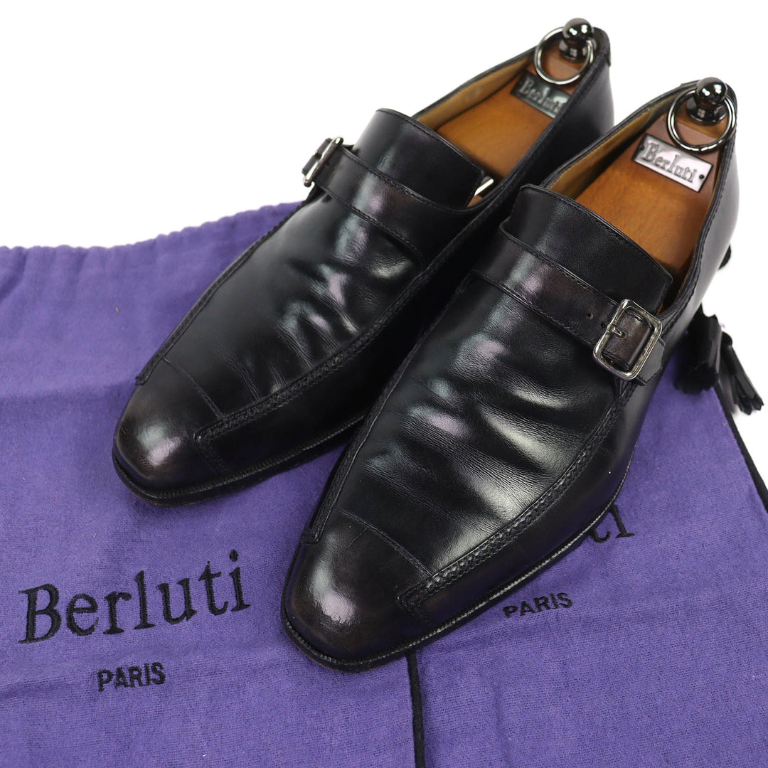 Discounted Very Good Berluti Leather shoes Monk strap plain toe Black series 8.5
