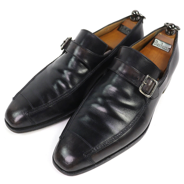 Discounted Very Good Berluti Leather shoes Monk strap plain toe Black series 8.5