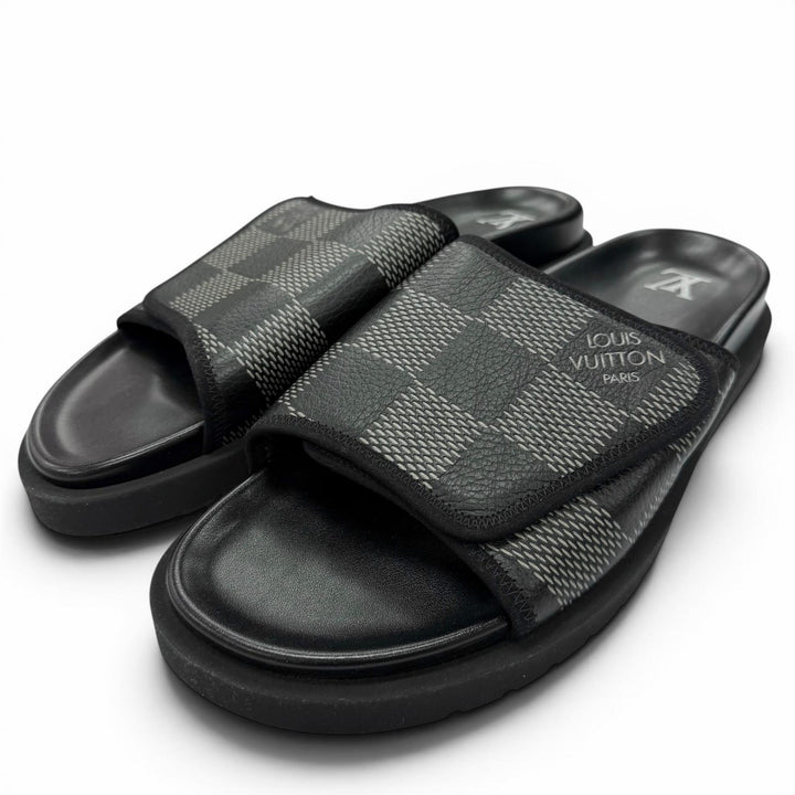 Excellent LOUIS VUITTON Sandals Miami Line Mules black leather mens 9