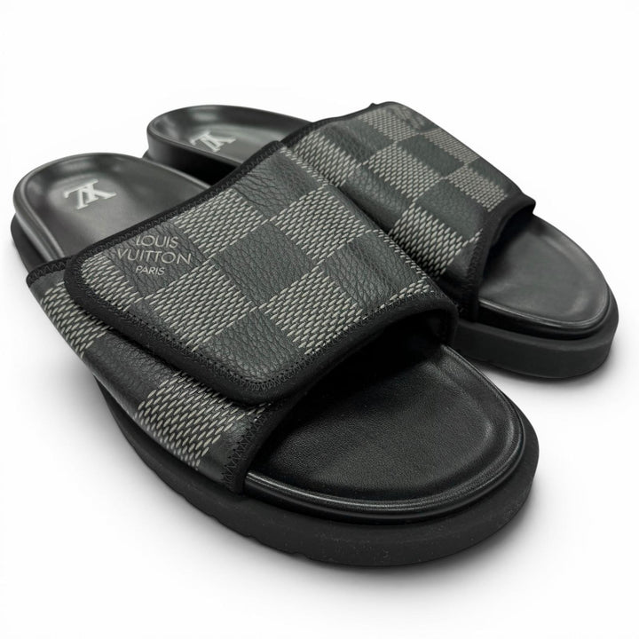Excellent LOUIS VUITTON Sandals Miami Line Mules black leather mens 9
