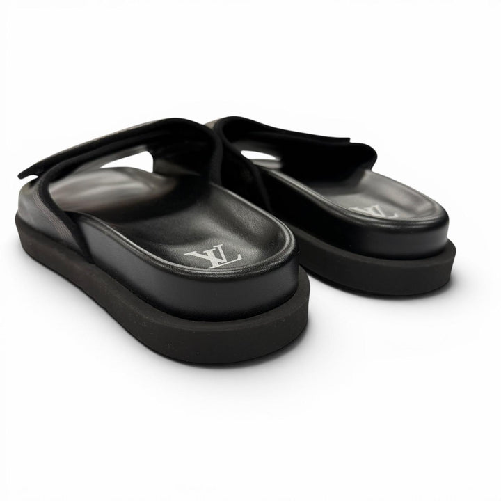 Excellent LOUIS VUITTON Sandals Miami Line Mules black leather mens 9