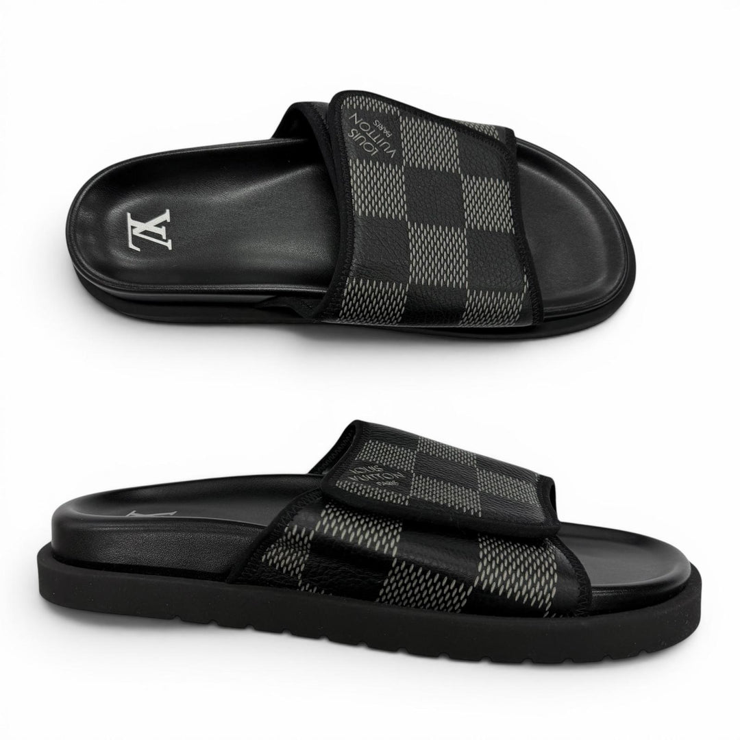 Excellent LOUIS VUITTON Sandals Miami Line Mules black leather mens 9
