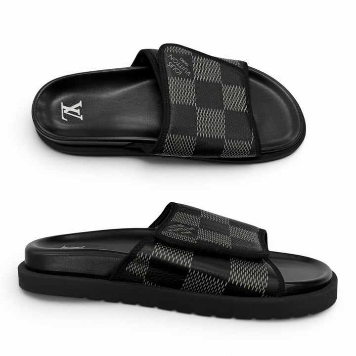 Excellent LOUIS VUITTON Sandals Miami Line Mules black leather mens 9