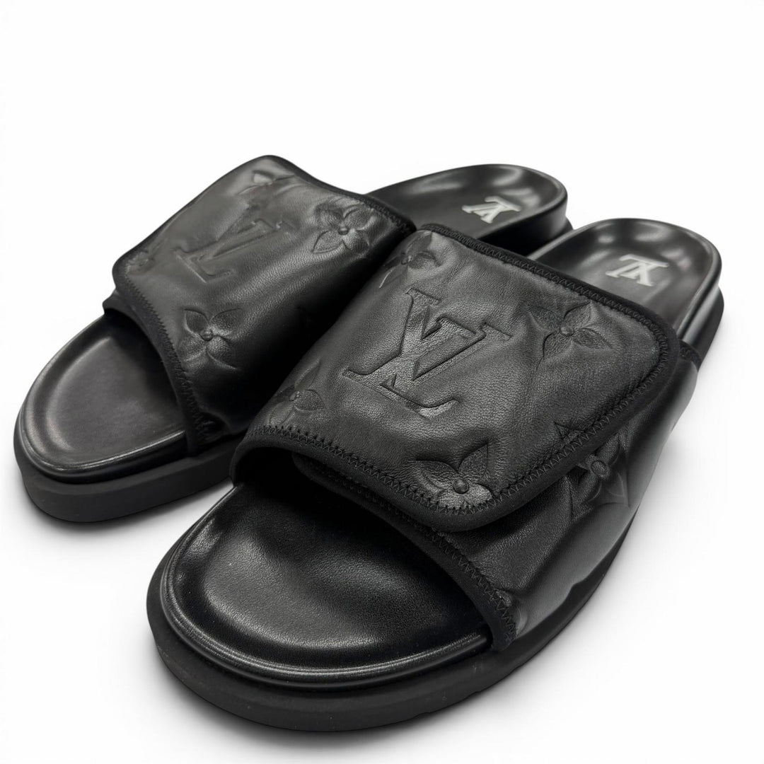 Excellent LOUIS VUITTON Sandals Miami Line Mules black leather mens 10