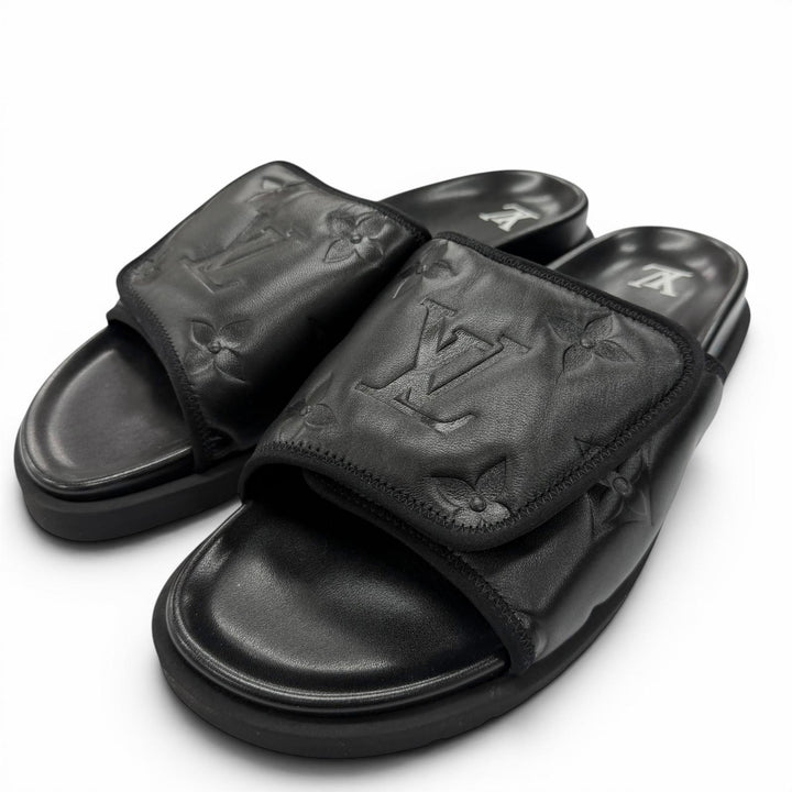 Excellent LOUIS VUITTON Sandals Miami Line Mules black leather mens 10