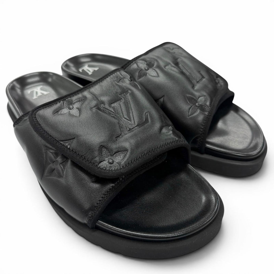 Excellent LOUIS VUITTON Sandals Miami Line Mules black leather mens 10