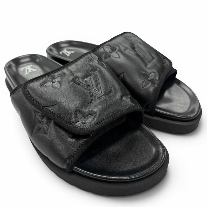 Excellent LOUIS VUITTON Sandals Miami Line Mules black leather mens 10