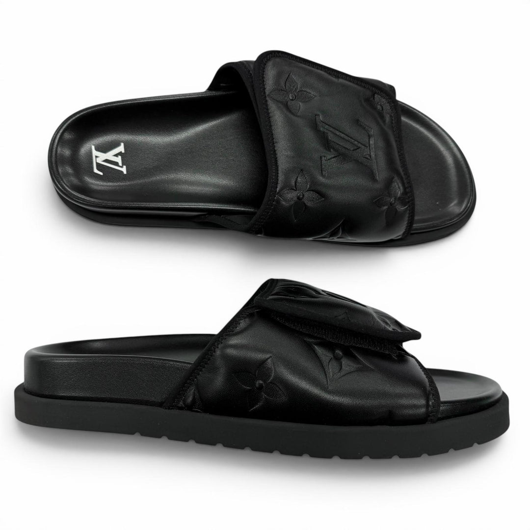 Excellent LOUIS VUITTON Sandals Miami Line Mules black leather mens 10