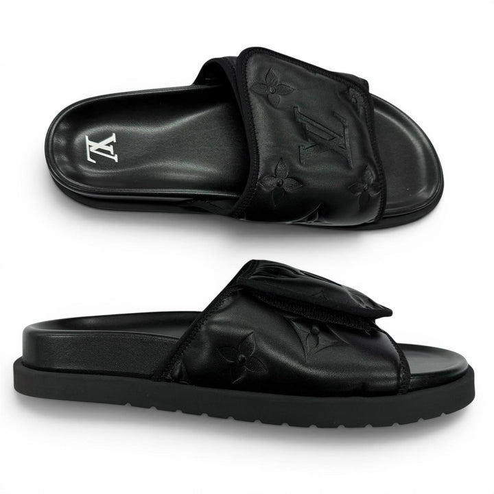 Excellent LOUIS VUITTON Sandals Miami Line Mules black leather mens 10
