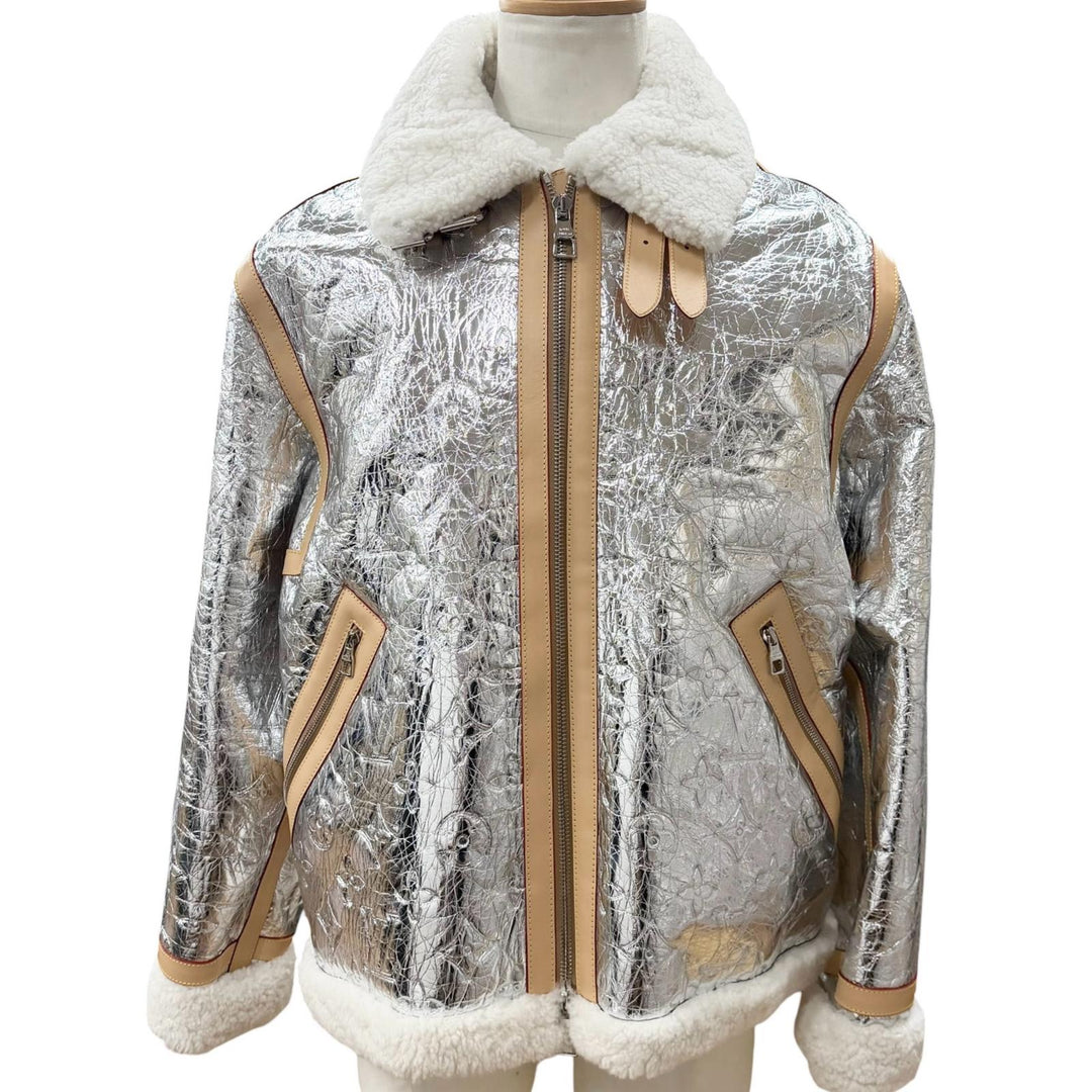 Excellent LOUIS VUITTON Mouton jacket Silver Sheep leather mens 50