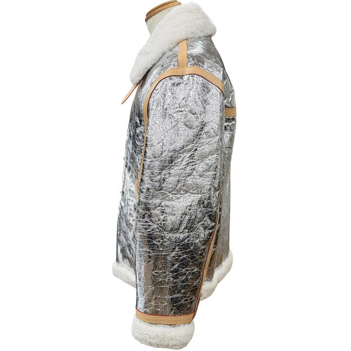 Excellent LOUIS VUITTON Mouton jacket Silver Sheep leather mens 50