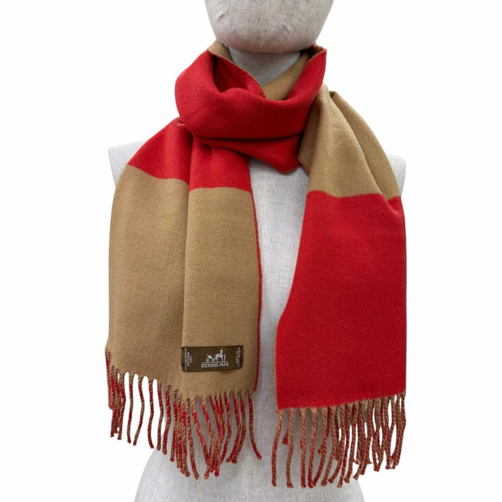 Excellent HERMES Scarf Two-tone with fringe Red cashmere Women