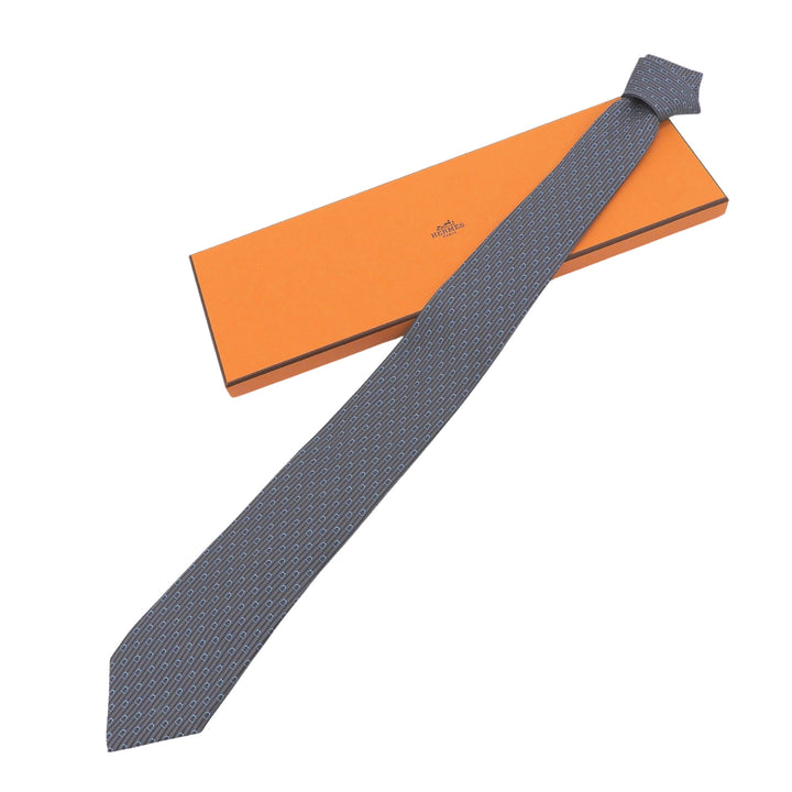 Excellent HERMES tie Horse tack motif all-over pattern gray silk mens