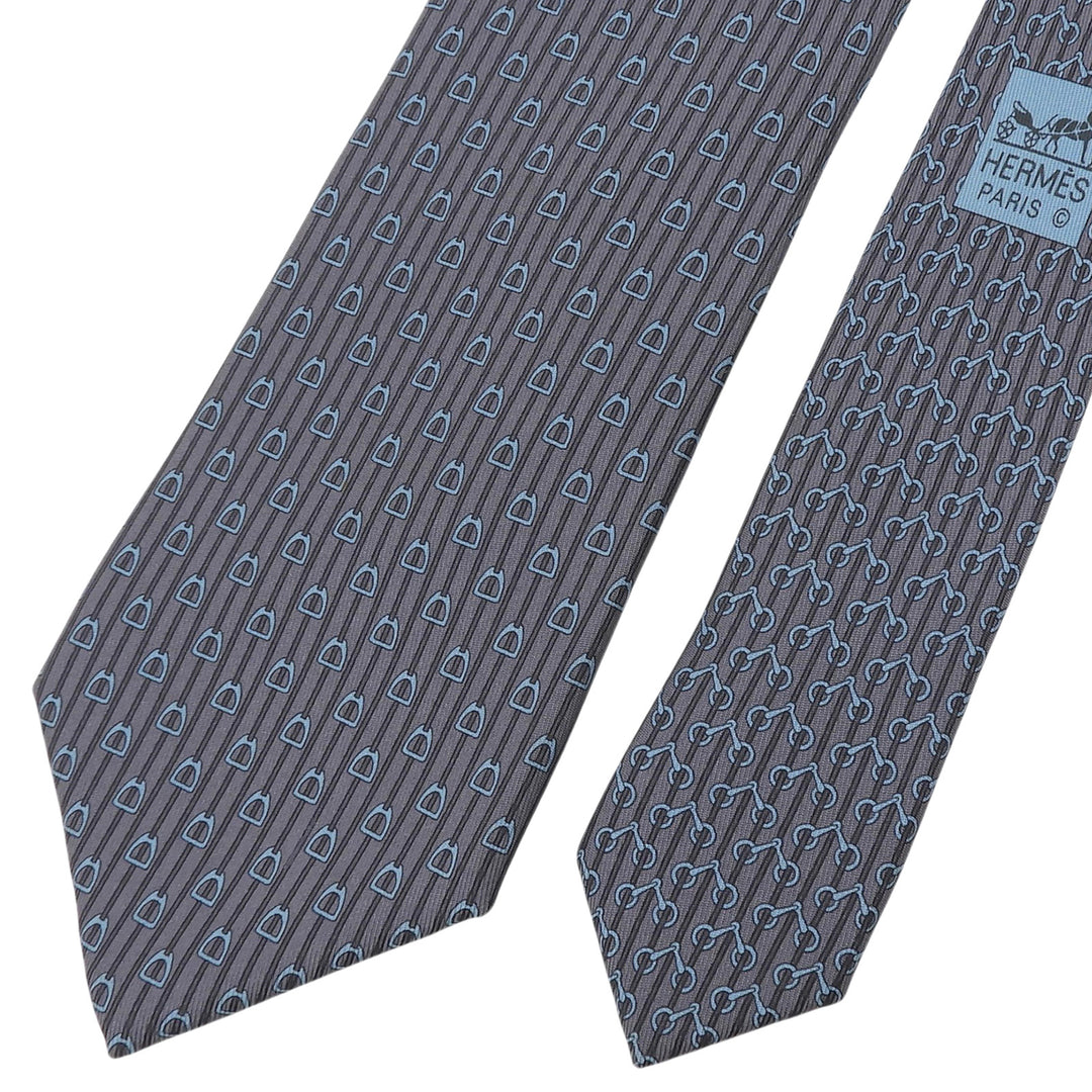 Excellent HERMES tie Horse tack motif all-over pattern gray silk mens